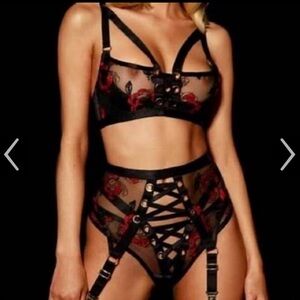 Honey Birdette Black and Red Lace Bra Set